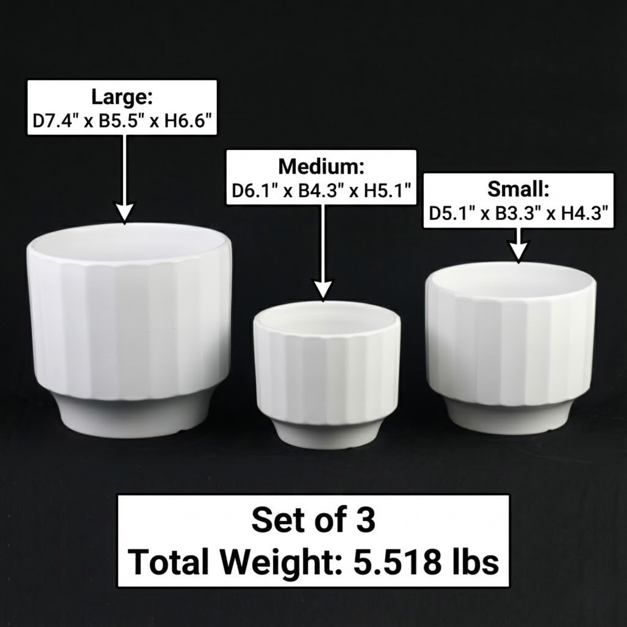 3-Piece White Stoneware Planter Set with Fluted Design