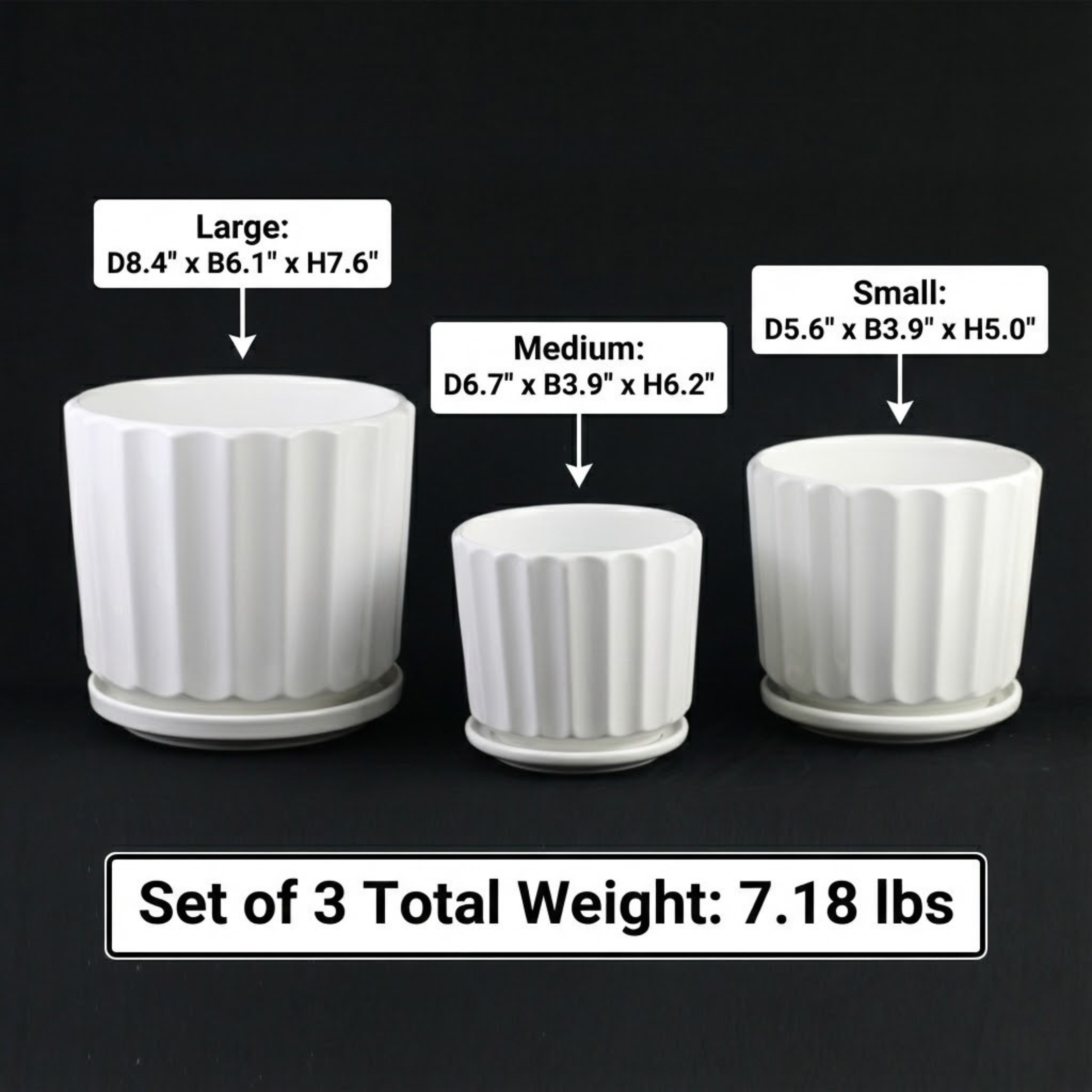 3-Piece White Ceramic Planter Pot Set with Fluted Design & Saucers