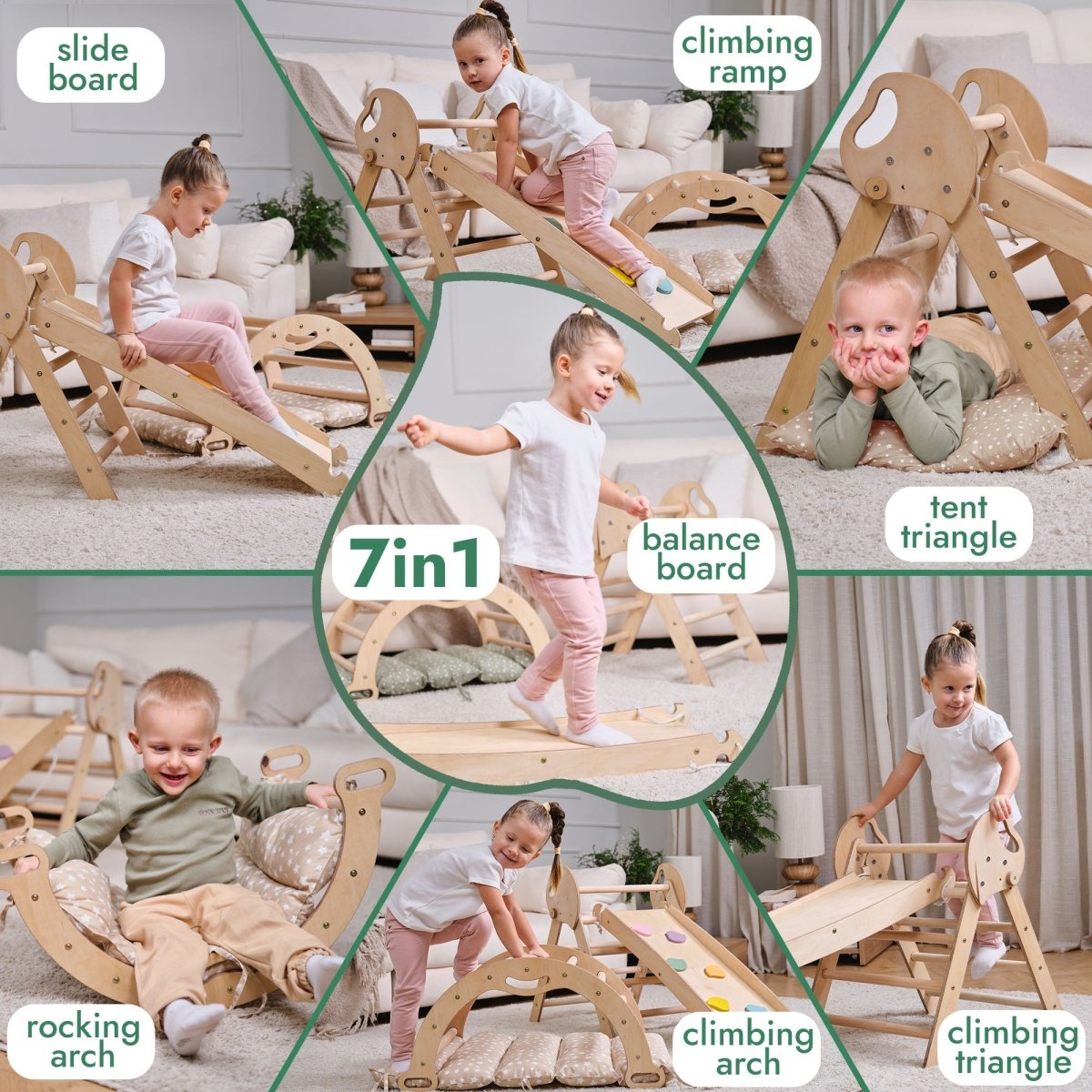 4in1 Montessori Climbing Set: Pikler Triangle, Arch, Slide Board, and Cushion for Toddlers (1–3 Years)